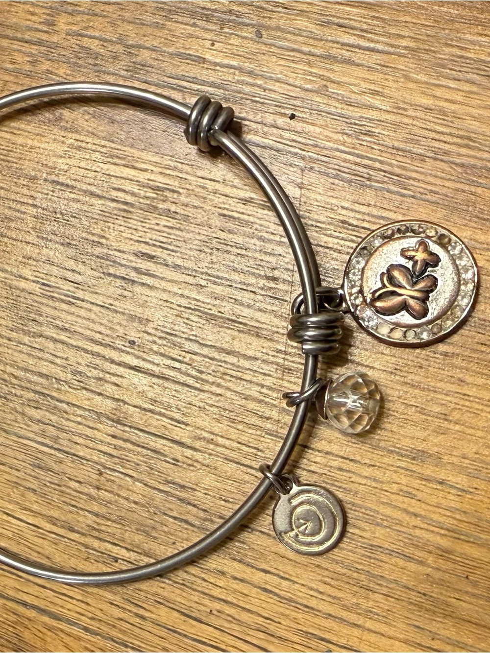Silver Tone Charm Bangle Bracelet with Crystal Accent